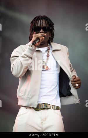 Tonsberg, Norvegia. 12 luglio 2023. Il cantante e rapper nigeriano Rema esegue un concerto dal vivo durante il festival musicale norvegese Slottsfjell 2023 a Tonsberg vicino Oslo. Foto: Gonzales Photo - Tord Litleskare). Foto Stock