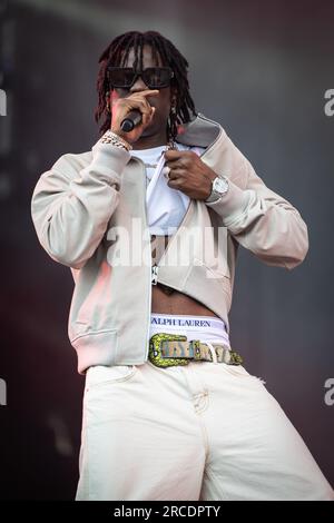 Tonsberg, Norvegia. 12 luglio 2023. Il cantante e rapper nigeriano Rema esegue un concerto dal vivo durante il festival musicale norvegese Slottsfjell 2023 a Tonsberg vicino Oslo. Foto: Gonzales Photo - Tord Litleskare). Foto Stock