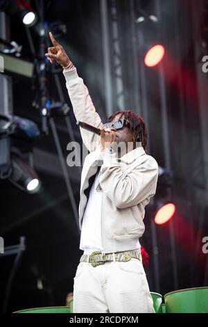 Tonsberg, Norvegia. 12 luglio 2023. Il cantante e rapper nigeriano Rema esegue un concerto dal vivo durante il festival musicale norvegese Slottsfjell 2023 a Tonsberg vicino Oslo. Foto: Gonzales Photo - Tord Litleskare). Foto Stock