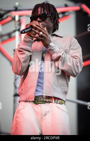 Tonsberg, Norvegia. 12 luglio 2023. Il cantante e rapper nigeriano Rema esegue un concerto dal vivo durante il festival musicale norvegese Slottsfjell 2023 a Tonsberg vicino Oslo. Foto: Gonzales Photo - Tord Litleskare). Foto Stock