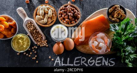 Composizione con allergeni alimentari comuni, tra cui uova, latte, soia, noci, pesce, frutti di mare, senape, albicocche secche e sedano Foto Stock