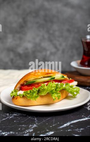 Sandwich con formaggio, pomodoro, cetriolo e lattuga. Delizioso sandwich su sfondo scuro Foto Stock