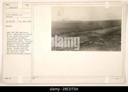 Il soldato Gibbons scattò questa foto il 1 dicembre 1918, raffigurando le conseguenze della battaglia. L'immagine mostra in primo piano munizioni abbandonate, messkit, lattine di condimenti, haversacks e cinture di cartucce. La località è identificata come Cote 299 (MP.Co-ord 311,0 286,8 Dun sur Meuse) sulla Cunel-Clery, Meuse Road, guardando a nord-ovest verso Aincreville, Francia. Quest'area fu catturata dalla 5th Division tra il 21 ottobre e il 30 ottobre 1918. La fotografia è stata rilasciata con il numero di identificazione 94008. Foto Stock
