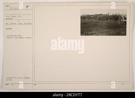 Boach del Signal Corps, in piedi di fronte a una capanna mimetica a Langres, Hte Marne, Francia. La foto è stata scattata il 20 novembre 1918 e pubblicata dalla A.E.F. Censor il 7 gennaio 1919. Questa immagine riporta l'etichetta "33528" e "ECD 1-4-19" che ne indica la rilevanza e la classificazione nei registri militari. Foto Stock