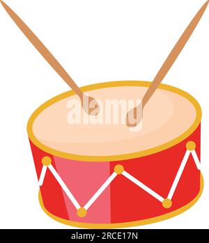 Tamburo rosso e bastoncini di legno. Strumento a batteria musicale .illustrazione vettoriale dei cartoni animati piatta isolata su sfondo bianco. Illustrazione Vettoriale
