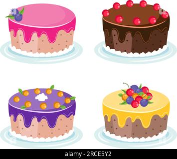 Torte in stile cartone animato isolate su uno sfondo bianco. Vettoriale di pasticceria colorata. Illustrazione Vettoriale