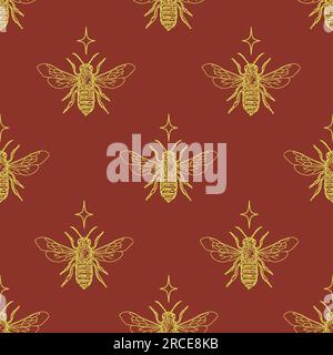 Motivo decorativo rosso oro con ape miele monocromatica e stella Illustrazione Vettoriale