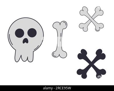 Set di cranio e ossa. Icona vettore. Elementi di Halloween. Simbolo mortale. Stile cartoni animati. Illustrazione Vettoriale