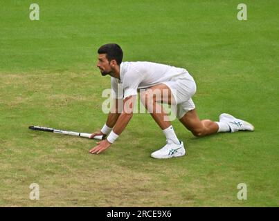 Londra, GBR. 15 luglio 2023. London Wimbledon Championships Day 12 14/07/2023 Novak Djokovic (SRB) semifinale match credito: Roger Parker/Alamy Live News Foto Stock