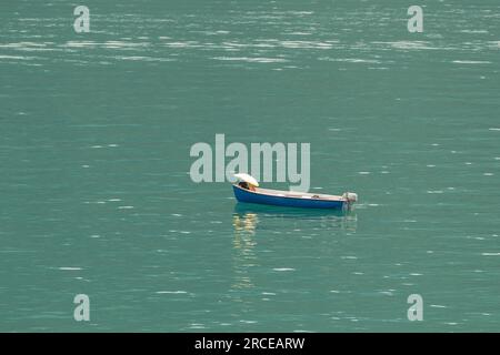 Un motoscafo blu sul Lago di Lugano, in Svizzera, su cui una donna si rifugia dal sole con un grande ombrello giallo Foto Stock