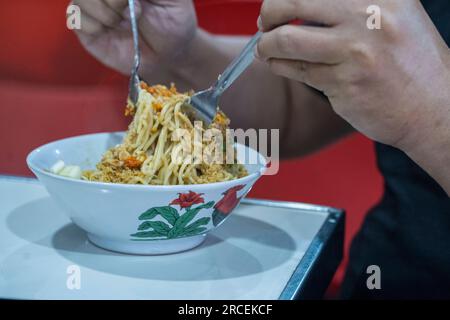 Primo piano di due mani preparatevi a mangiare mie Ayam o il popolare piatto indonesiano composto da saporiti spaghetti di pollo. Fotografia del cibo. Foto Stock