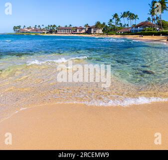 Clear Water and Coral Reef on Poipu Beach, Koloa, Kauai, Hawaii, USA Foto Stock