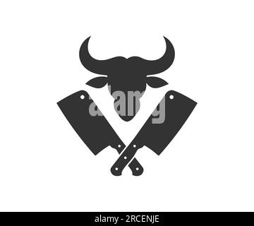 Logo vintage Butchery. Cattle Head silhouette e taglierini incrociati. Logo del negozio di carne Butchery con coltelli da carne design vettoriale e illustrazione. Illustrazione Vettoriale