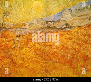 Campo di grano dietro l'ospedale Saint Paul con un mietitore 1889; Saint-rémy-de-provence, Francia di Vincent van Gogh Foto Stock