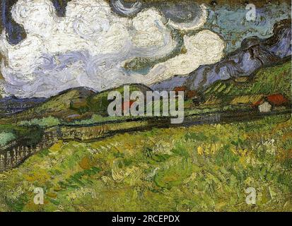 Campo di grano dietro l'ospedale Saint-Paul con un mietitore 1889; Saint-rémy-de-provence, Francia di Vincent van Gogh Foto Stock