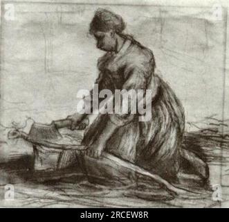 Peasant Woman, Kneeling with Chopper 1885; Nunen / Nuenen, Paesi Bassi di Vincent van Gogh Foto Stock