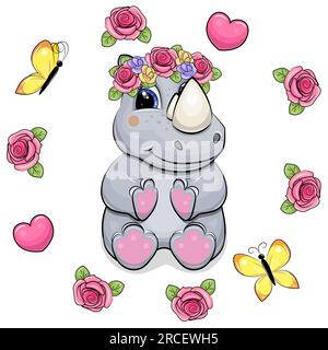 Simpatico rinoceronte grigio cartoni animati con corona di fiori e cornice floreale. Illustrazione vettoriale di animali primaverili con rose, cuori rosa e farfalle gialle Illustrazione Vettoriale