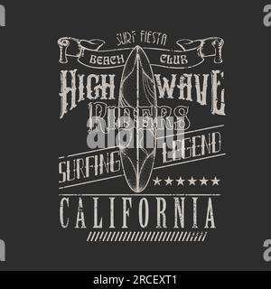 Moto d'epoca High Wave Surfing Legend California Beach tavola da surf tipografica t shirt estiva stampa vettoriale Illustrazione Vettoriale