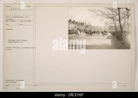 Sgt. J.L. McGarrigle, S.C., fotografato durante la Welcome Home Parade a Washington, D.C. La parata ebbe luogo il 4 marzo 1919, partendo da Pennsylvania Avenue. Questa particolare fotografia è stata emessa con il numero 39807, ed è stata censurata e pubblicata il 10 marzo 1919. Foto Stock