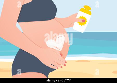donna incinta che applica crema solare in spiaggia, ustioni cutanee, prevenzione del cancro - illustrazione vettoriale Illustrazione Vettoriale