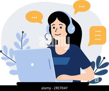 Servizio clienti, assistenza online, call center e concetto di operatore. Donna con cuffie con computer portatile e microfono, illustrazione vettoriale Illustrazione Vettoriale