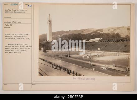 I cadetti della P.N. 31 School of Military Aeronautics presso l'Università della California a Berkeley si impegnano in allenamento atletico sull'ovale. La formazione include eventi di atletica leggera e sul campo, nonché attività di scalatura delle pareti. Questa fotografia ha una descrizione numero di 55294 ed è stata ricevuta dal Direttore dell'Aeronautica militare il 5 agosto 1918. Queste attività sono condotte esclusivamente per uso ufficiale. Foto Stock