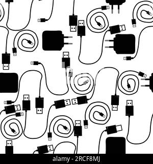 Modello senza cuciture con USB tipo A e tipo B, cavo e caricabatterie per telefono cellulare ; illustrazione vettoriale Illustrazione Vettoriale