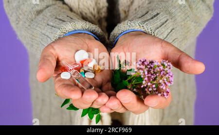 Mano dell'uomo con pillole e piante a base di erbe. Erbe naturali. Omeopatia, naturopatia. Erboristeria alternativa. I palmi dell'uomo contengono pillole, fiale, capsule Foto Stock