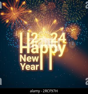 Biglietto d'auguri buon anno 2024. Banner web per le vacanze in piazza con testo felice anno nuovo 2024 sullo sfondo dei fuochi d'artificio. Illustrazione Vettoriale