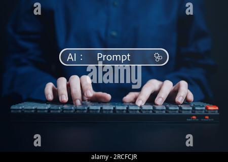 Testo di prompt, messaggio di testo ai sulla tastiera con intelligenza artificiale intelligente. Testo prompt con ai, concetto immediato di prompt Foto Stock