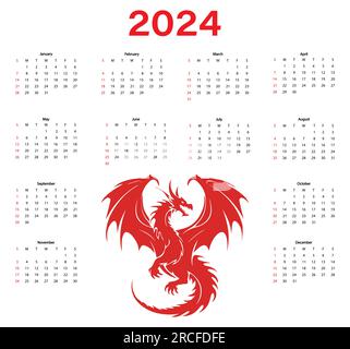 Calendario per il 2024. La settimana inizia la domenica. L'anno del Drago. Illustrazione vettoriale Illustrazione Vettoriale