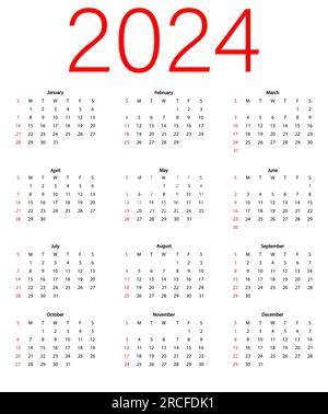 Calendario mensile classico per 2024 anni. Calendario in stile quadrato minimalista. La settimana inizia domenica. Illustrazione vettoriale Illustrazione Vettoriale