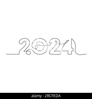 Disegno continuo a una riga di un testo per il nuovo anno 2024. Capodanno cinese del drago scritto a mano 2024 lettering. Festeggiamenti per il nuovo anno isolato Illustrazione Vettoriale