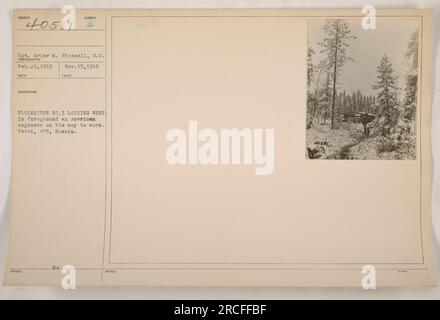 Un ingegnere americano è visto in primo piano di questa fotografia, scattata il 15 novembre 1918 in Blockh Cuse No.3 a Verat, Russia. L'immagine cattura un assaggio delle attività militari quotidiane durante la prima guerra mondiale. Questa didascalia fornisce informazioni chiave e dettagli sull'argomento e sulla posizione dell'immagine. Foto Stock