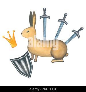 Composizione ad acquerello di coniglio, scudo, corona e spade su sfondo bianco. Realizzato a mano in stile medievale Foto Stock
