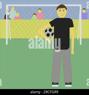 Il ragazzo sta tenendo la palla tra le mani. Un giovane atleta, sullo sfondo di un campo di calcio. Illustrazione vettoriale di un giocatore di calcio nel cartone animato si Illustrazione Vettoriale