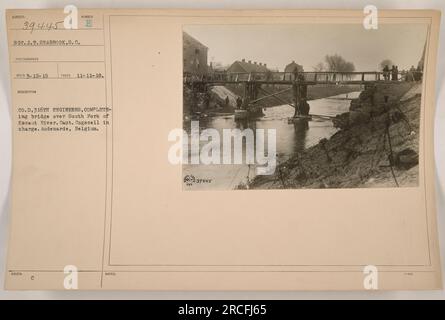 Sgt. J.T. Seabrook, un fotografo della Carolina del Sud, ha scattato questa foto (SC-39445) l'11 novembre 1918. L'immagine mostra un ponte completato in costruzione sul South Fork del fiume Escaut ad Audenarde, Belgio, dalla compagnia D, 316th Engineers. Il capitano Cogacell sta supervisionando la costruzione. Queste informazioni sono referenziate nelle note del file. Foto Stock