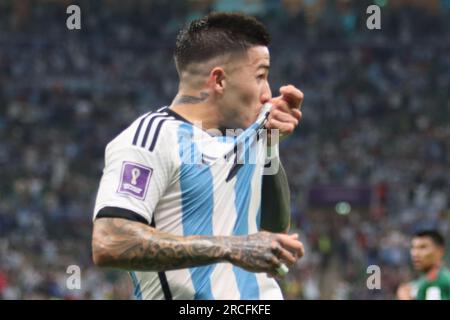 Lusail, Qatar, 26, novembre 2022. Enzo Fernandez, argentino, celebra il secondo gol della sua squadra per fare il punteggio durante la partita tra Argentin Foto Stock