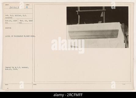 L'immagine mostra Pvt. W.J. Miller del Signal Corps, accanto a un modello di ala di volo Fairnault. La foto è stata scattata il 10 novembre 1918. Questa immagine è stata ufficialmente cancellata dalla censura della Military Intelligence Division il 19 novembre 1918. Foto Stock