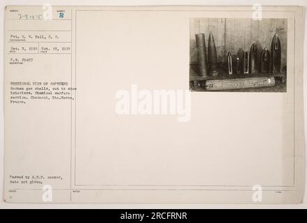 Una fotografia scattata da Pvt. H. V. Bell a Chaumont, hte.Marne, Francia il 15 ottobre 1918. L'immagine mostra una vista in sezione dei gusci dei gas tedeschi catturati, tagliati in posizione aperta per rivelarne l'interno. Questa immagine rappresenta il lavoro del Chemical Warfare Service durante la prima guerra mondiale Foto Stock