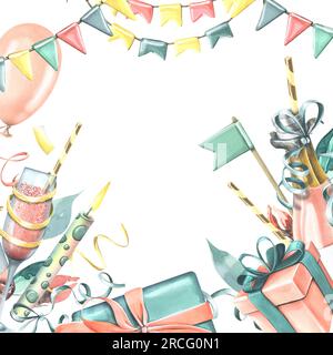 Champagne rosa in bottiglia di vetro e bicchiere con cannuccia, confezione regalo, coriandoli, bandiera, candela, fiori, nastri e palloncini. Illustrazione acquerello, mano Foto Stock