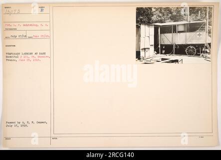 Pvt. L. P. Goldshlag del Signal Corps è visto in questa foto. L'immagine è stata scattata il 25 giugno 1918 presso la lavanderia temporanea situata presso il base Hospital n. 101 di St. Nazaire, Francia. La fotografia è stata approvata dalla A. E. F. Censor il 16 luglio 1918. Foto Stock