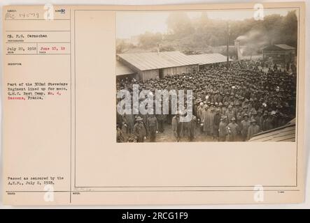 Soldati del 302° Reggimento Stevedore a Q.M.C. Campo di riposo n. 4 a Bassens, Francia, in fila per il disordine. La foto è stata scattata da P.G. Carno Chan il 22 luglio 1918 ed è stato approvato dalla A.E.F. censors il 2 luglio 1918. Foto Stock