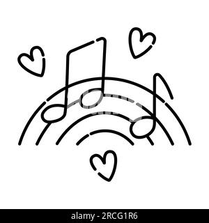 Adoro la musica, icona di note musicali su sfondo arcobaleno con linee nere vettoriali Illustrazione Vettoriale