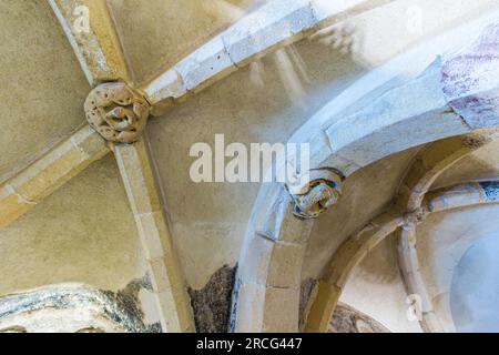 Volta a coste della Cappella di Gisela, costruita nel XIII secolo dal vescovo Robertus, quartiere del castello, Veszprem, Ungheria Foto Stock