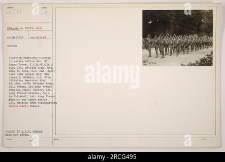 Pvt. Purst, S.C., dei Scottish Fusiliers, passando in rassegna prima del Gen. Sir Henry Horne, K.C.B.-K.C.M.G., il Gen. W. Read, il Gen. James H. McRae, il Tenente Gen. Orth, il Colonnello Henry, il Capt. Venier e il Capt. De Columbel, tra gli altri. Questo evento si è svolto presso il 1° quartier generale dell'esercito britannico a Ranchicourt, in Francia." Foto Stock