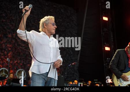 Derby, UK, 14 luglio 2023, gruppo rock The Who, Roger Daltrey e Pete Townsend si esibiscono durante il loro tour Who Hits Back, UK Credit: Paul Smith / Alamy Live News Foto Stock