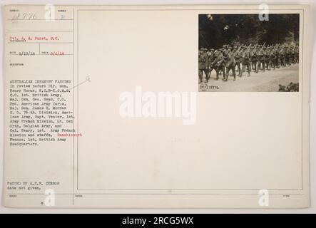 La fanteria australiana passava in rassegna davanti a vari ufficiali militari tra cui Sir generale Henry Horne, maggior generale Geo. Read, il maggiore generale James H. McCrae, il capitano Venier, il tenente generale Orth, il colonnello Henry e il loro staff. L'evento si svolse a Ranchicourt in Francia, presso il quartier generale del 1st British Army. Foto scattata il 4 agosto 1918 da Pvt. A. A. Furst e ricevuta il 10 settembre 1918. L'immagine è stata emessa con le banconote numero 18776 e approvata dalla A.E.P. censor. Foto Stock