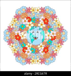 Pianeta divertente e composizioni floreali in stile cartoni animati retrò alla moda Earth Day e World Environment Day elemento di design trendy cartone animato psichedelico retrò Illustrazione Vettoriale