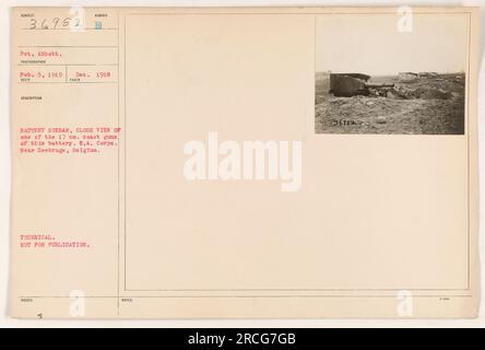 La Abbott privata cattura una vista ravvicinata di un cannone da 17 cm appartenente alla batteria Sunber F. Questa foto è stata scattata nei pressi di Zeebruge, in Belgio, nel dicembre 1918. Appartiene alla collezione RECO, adottata il 5 febbraio 1919, ed è classificata come materiale tecnico non destinato ad uso pubblico. Foto Stock